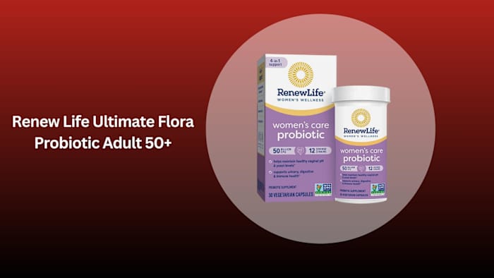 A box next to a bottle that are both white and purple with yellow accents of renew life ultimate flora probiotic adult 50+